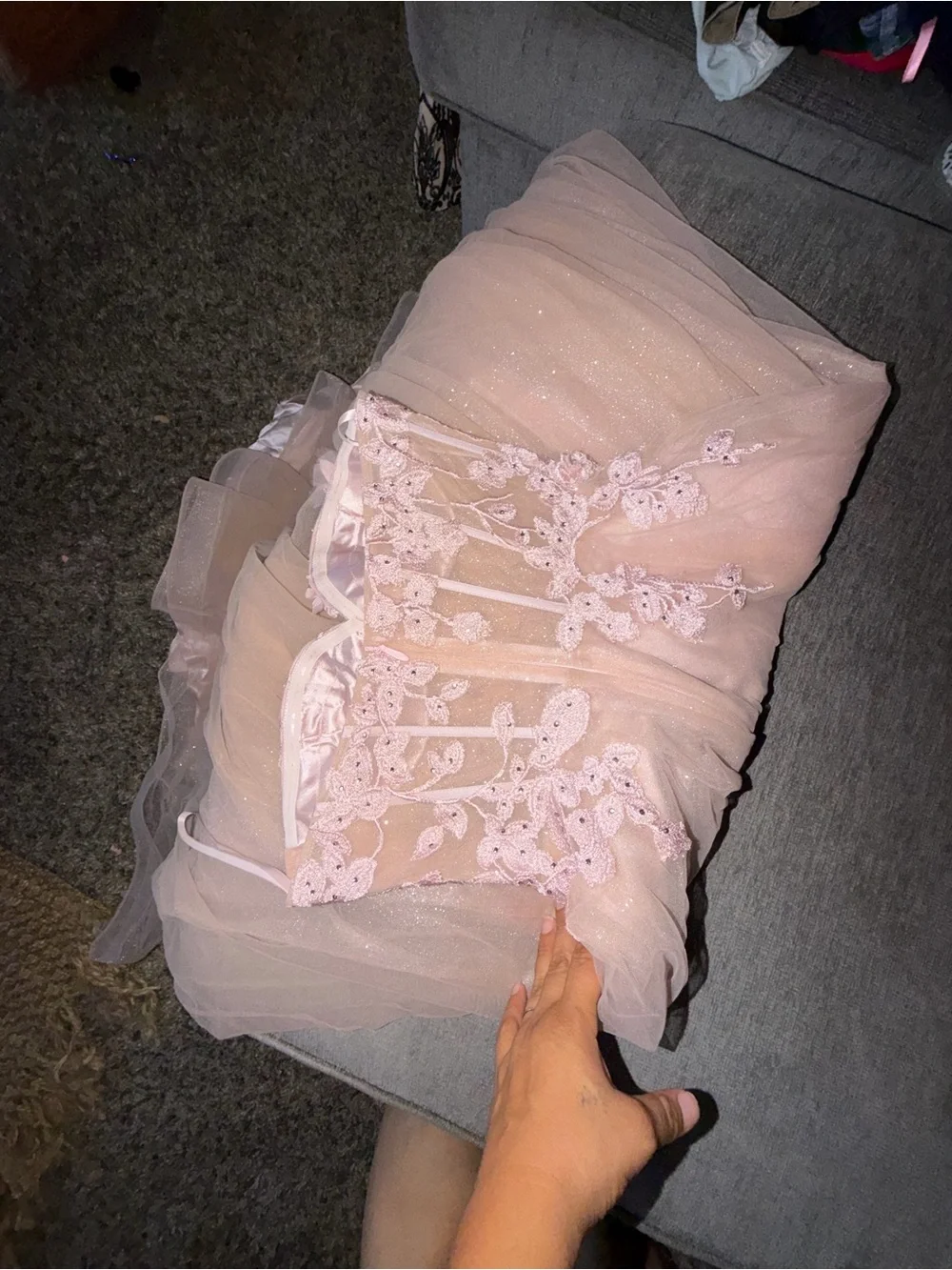 Windsor Strapless Blush Pink Floral Appliqué long Tulle Dress - Picture 3 of 5